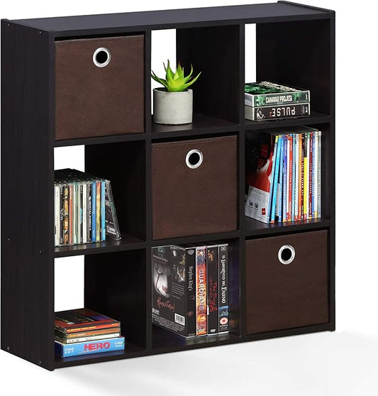 Furinno Simplistic 9-Cube Organizer with Bins, Small Size (Assembled Unit Dimensions : 7.9"D x 26.5"W x 26.7"H Inches), Dark Walnut