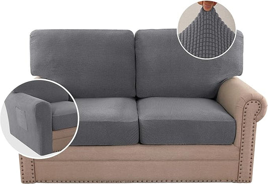 H.VERSAILTEX Multi-Pieces Sofa Covers Stretch Couch Covers Form Fitted Seats and Back Cushions Covers (2 Seat Covers Plus 2 Back Cushion Covers, Bonus 2 Armrest Covers), Grey