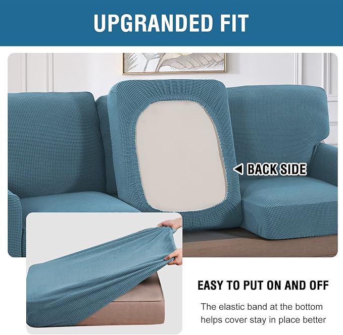 H.VERSAILTEX Multi-Pieces Chair Covers Stretch Couch Covers Form Fitted Seat and Back Cushions Covers (1 Seat Cover Plus 1 Back Cusion Cover, Bonus 2 Armrest Covers), Storm Blue