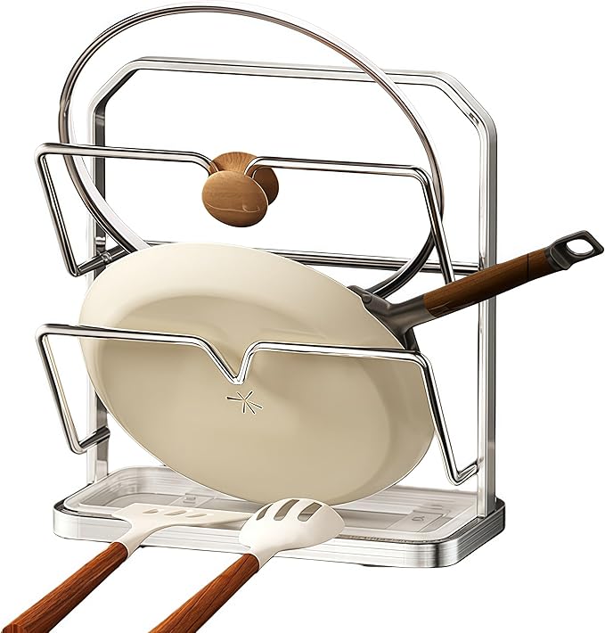 Stainless Steel Pot Lid Rack While Cooking, Kitchen Pot Lid Storage Rack, Multi Functional Countertop Kitchen Pot Lid Organizer(Silver,Double-layer Model)
