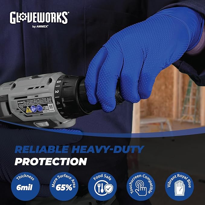 GLOVEWORKS HD Royal Blue Nitrile Industrial Disposable Gloves, 6 Mil, Latex & Powder-Free, Food-Safe, Raised Diamond Texture