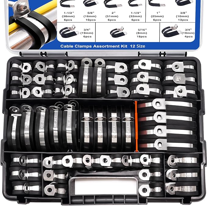 Taiss 125PCS Cable Clamps Assortment Kit 12 Sizes 3/16" 1/4" 5/16" 3/8" 1/2" 5/8" 3/4" 1" 1-1/4" 1-1/2" 1-3/4" 2" Wire Clamps,304 Stainless Steel Rubber Cushion Pipe Clamps,With Portable Handheld Box