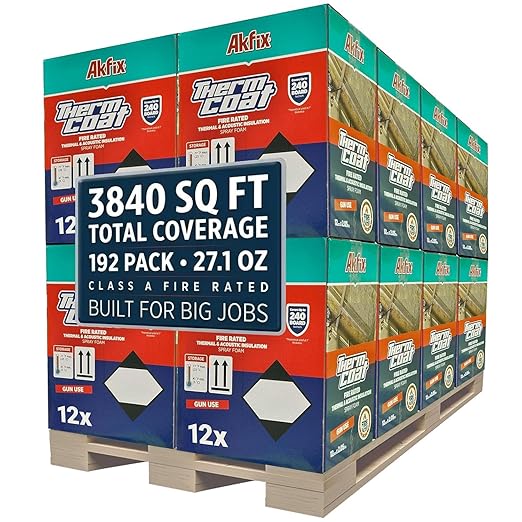 Akfix Thermcoat Fire Rated Spray Foam Insulation 3840 sq ft (192x27.1 oz) - (R-Value 11.32/2 inc) Closed Cell Expanding Wide Sealant Thermal Insulation for Walls and Attic - Gun&Cleaner NOT Included