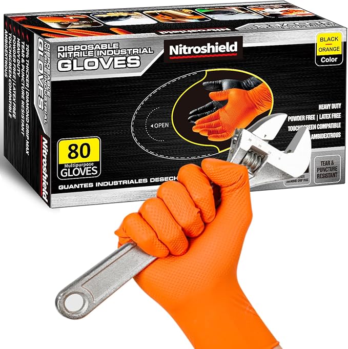 wcy 9 Mil Heavy Duty Orange Nitrile Gloves,Raised Diamond Texture Grip,Industrial Mechanic Rubber Gloves Disposable Latex Free Chemical Resistant Guantes for Work,Cooking,Food Safe - Large,80Count