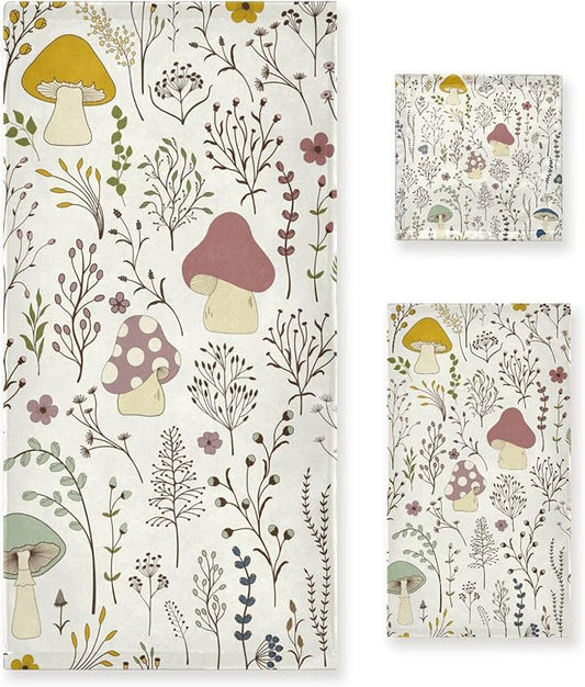 Boho Mushroom Bath Towels Set, 3 Piece Absorbent Microfiber Spring Colorful Wildflower Plant Set (1 Bath, 1 Hand, 1 Washcloth), Decorative for Bathroom, Hair, Face