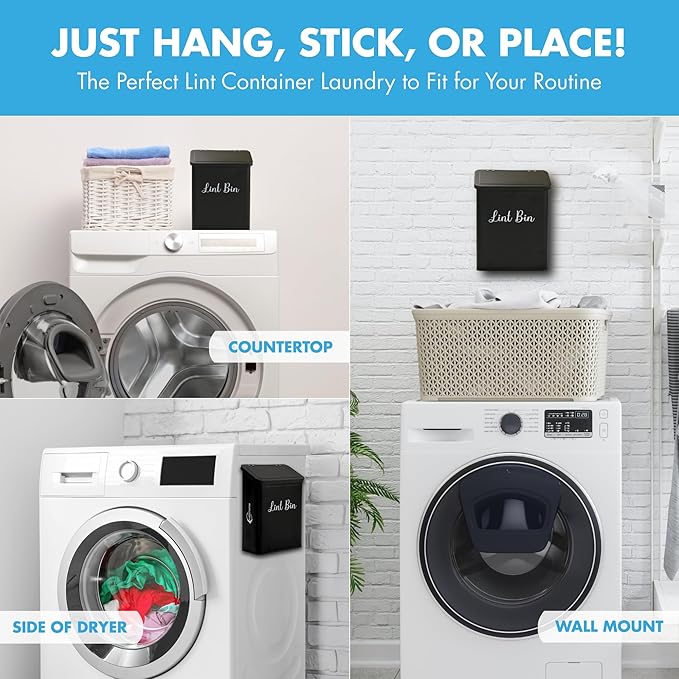 Magnetic Lint Bin for Laundry Room – Metal Lint Holder with Lid – Wall Mount & Magnetic Laundry Lint Bin Trash Can – Modern Farmhouse Style for Laundry Room Organization and Storage