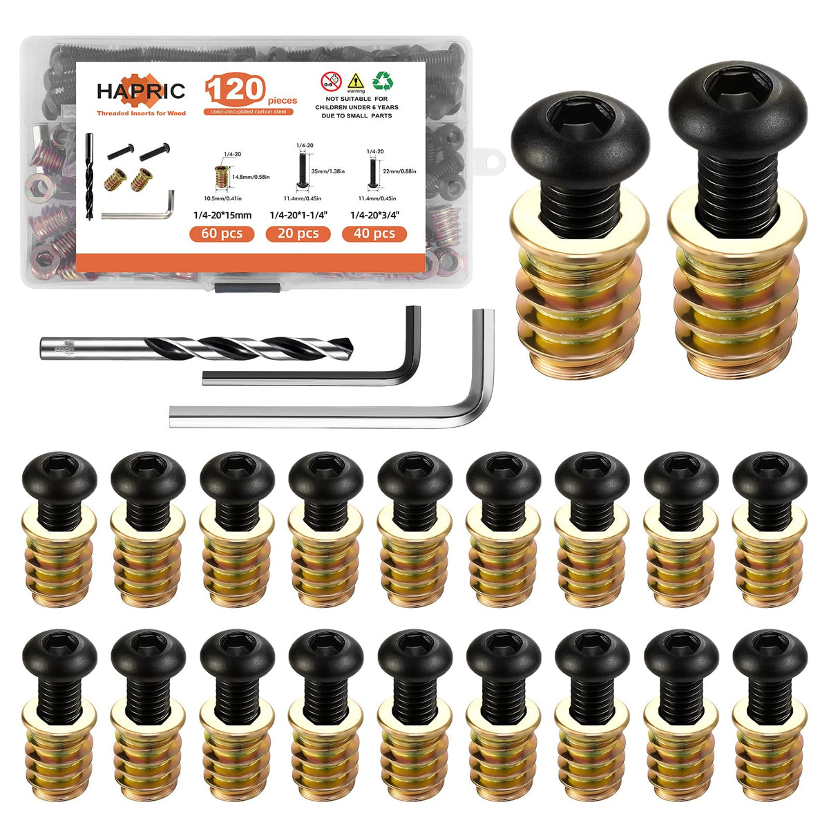 Hapric 120 Pcs 1/4-20 Threaded Inserts for Wood Kit, Wood - Image 1