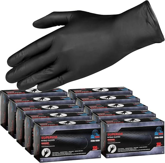 Glove Station Nitrile Disposable Gloves - 10 boxes, 100 count/box, Powder-Free, Latex-Free, Textured Grip - Ideal for Cleaning, Cooking Use -Black - 6MIL - SM (1000 Count)