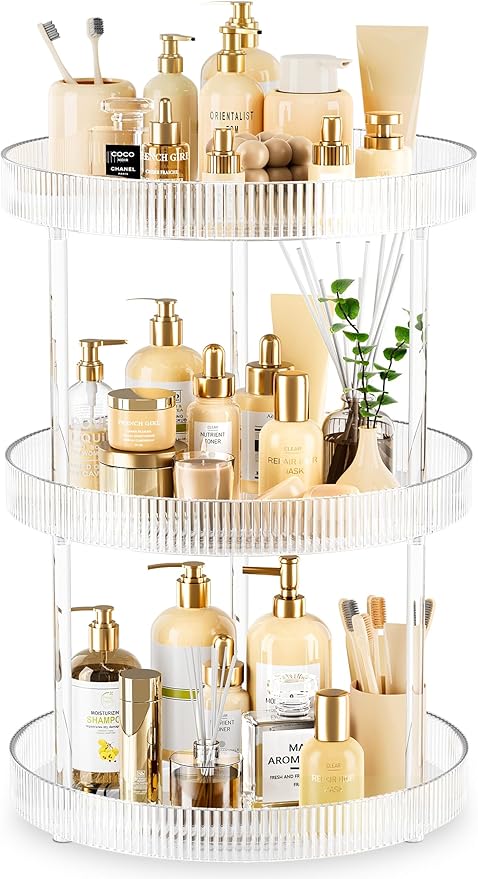 3-Tier Lazy Susan Bathroom Countertop Organizer, 360° Clear Rotating Storage Tray, Cosmetics and Perfume Organizer, Spinning Storage Tray Vanity Organizer Shelf for Bathroom Cabinet, Kitchen(Medium)