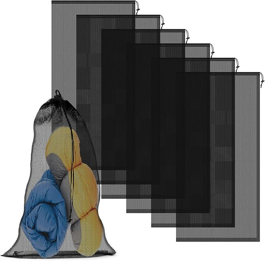 6PCS Black Mesh Bag Drawstring, 23 x 47 Inch Net Bag with Lock, Multipurpose Storage Bags for Gym, Laundry, Balls, Beach and Toys
