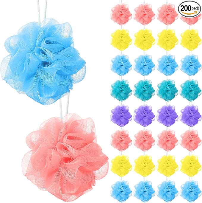 Sunnyray 200 Pcs Loofahs Bulk Bath Sponge Shower Luffas Exfoliating Body Scrubber Packs Soft Mesh Loofahs Balls Travel Cleaning Wash Puff Bathing Accessories for Women Men, 20g (Rainbow)