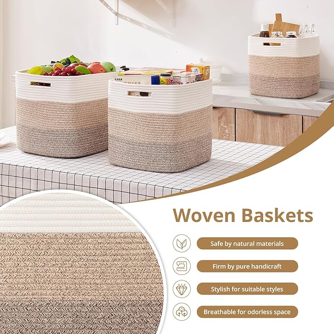 OIAHOMY 13 Kallax Inch Cube Storage Bins, 3-Pack Cotton Rope Woven Baskets for Organizing, Kallax Insert Storage Baskets for Shelves, Baby Nursery, Closet Organizer, 13 * 13 * 12.6IN, Gradient Brown