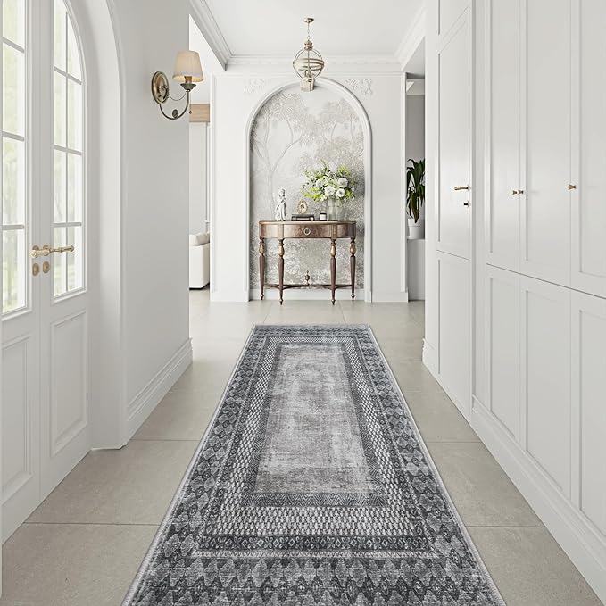 NICETOWN 2' x 8' Hallway Runner Rug, Machine Washable Thin Non-Slip 2x8 Grey Kitchen Soft Foldable Mysterious Tribal Bordered Indoor Mat Runner Rug for Bathroom Laundry Room, Grey