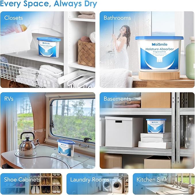 Moisture Absorbers, Efficient Humidity Absorber ＆ Odor Eliminator Boxes, Refillable Car Dehumidifier for Closet, Bathroom, Basement＆ RV, 3 Pack, Fragrance Free