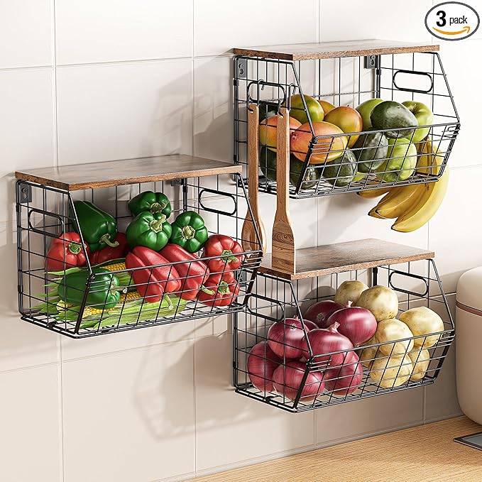 Delamu Stackable Metal Fruit Basket with Wood Lid 3 Pack, Hanging Wall Organizer for Kitchen Counter, Pantry Storage for Onions, Potatoes, Garli, Fruits, Spices, Black