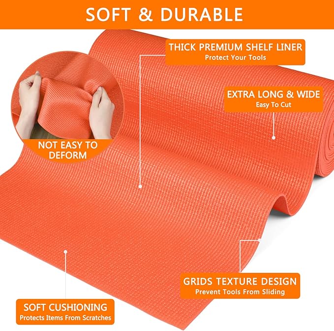 Foam Toolbox Liner Drawer Mat 1/8 Inch Thick X 18 Inch Wide X 24 Ft Long Orange, No Slip for Protecting Cabinet, Garage, Cart, Tool Box