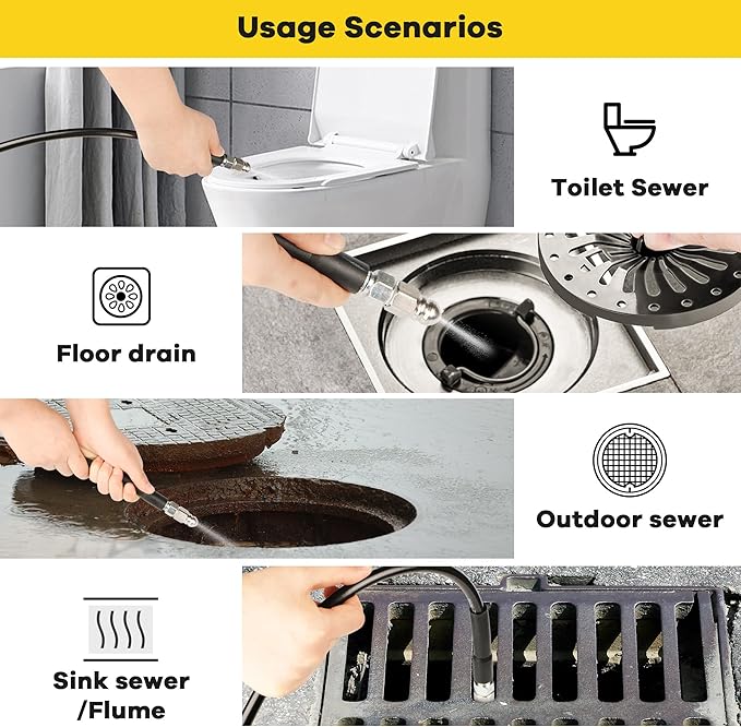 Pressure Washer Drain Jetter – Sewer Jetter Kit for Pressure Washer 200ft 1/4 Inch NPT Hose Nozzles and Adapter 5800PSI Clears Clogs in Pipes & Sewer Lines