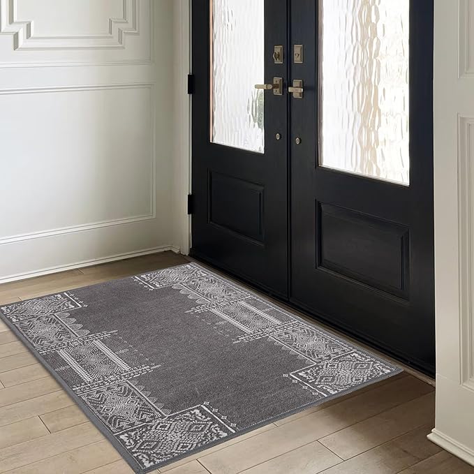 NICETOWN 2x3 Grey Small Area Rugs for Entryway Washable Nonslip Area Rug - Boho Geometric Entryway Door Mat for Living Room Kitchen Laundry Bathroom Bedroom