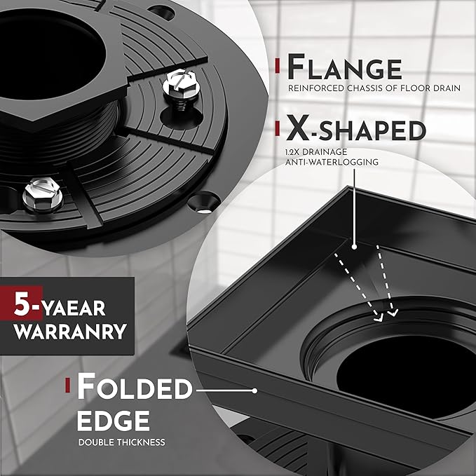 WEBANG 6 Inch Square Shower Drain Black Floor Drain with Flange Wave-Hole Pattern Cover Grate Removable SUS304 Stainless Steel Watermark&CUPC Certified Matte Black