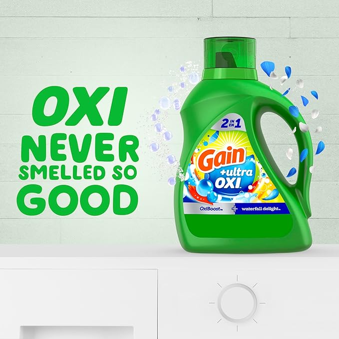Gain Ultra Oxi Liquid Laundry Detergent, Waterfall Delight Scent, 61 Loads, 2-in-1, HE Compatible