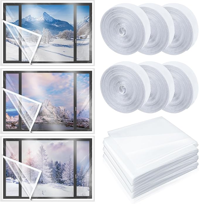 3 Set 75 x 79 Inch Window Insulation Kit Winter Window Plastic for Winterizing Home Cuttable Transparent Film with Adhesive Straps Reusable Thicken Thermal Waterproof Attic Cover Warm