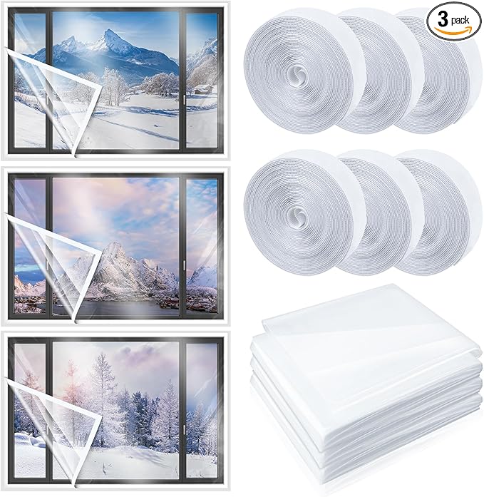 3 Sets 63 x 63 Inch Window Insulation Kit Cuttable Transparent Film with Adhesive Straps Reusable Window Plastic for Patio Winterizing Thicken Warm Winter Waterproof Attic Insulation Cover