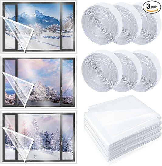 3 Sets 63 x 63 Inch Window Insulation Kit Cuttable Transparent Film with Adhesive Straps Reusable Window Plastic for Patio Winterizing Thicken Warm Winter Waterproof Attic Insulation Cover