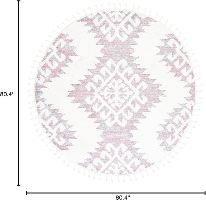 SAFAVIEH Moroccan Tassel Shag Collection Area Rug - 6'7" Round, Pink & Ivory, Boho Rustic Trellis, Non-Shedding & Easy Care, 2-inch Thick Ideal for High Traffic Areas in Living Room, Bedroom (MTS652U)