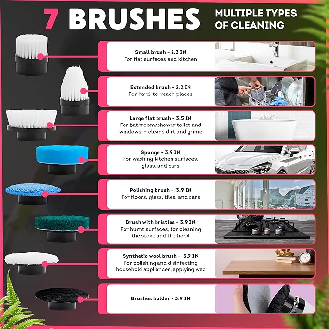 7-in-1 Electric Bathroom Scrubbing Brush, 2500 mAh. Pack of 12 Telescopic Bathtub Scrubber with Long Handle. Electric Bathtub Scrubber. Portable Power Brush for Cleaning Bathroom, Kitchen, Car
