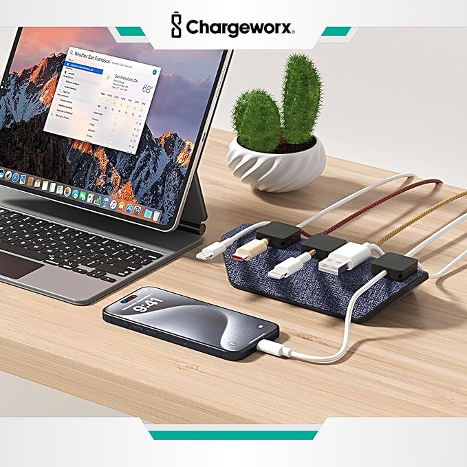 CHARGEWORX Magnetic Cable Organizer – 4 Pack - Weighted Non-Adhesive Cord Holder with 3 Magnetic Clips for USB-C, Lightning & MagSafe Cables – Desk, Office & Nightstand Cable Management