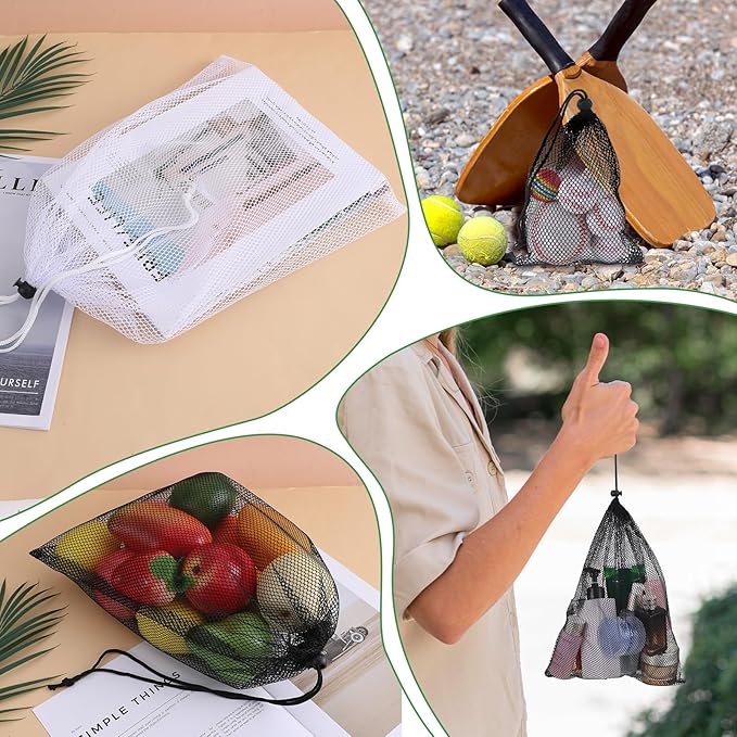 6 Pcs Mesh Bags with Drawstring, 7.87 x 5.9 Inch Small Mesh Bags Storage Bag with Cord Lock Black Mini Meshes Bag for Fruits, Candy, Cosmetics, Golf Stuff Balls