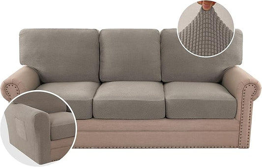 H.VERSAILTEX Multi-Pieces Sofa Covers Stretch Couch Covers Form Fitted Seats and Back Cushions Covers (3 Seat Covers Plus 3 Back Cusion Covers, Bonus 2 Armrest Covers), Taupe