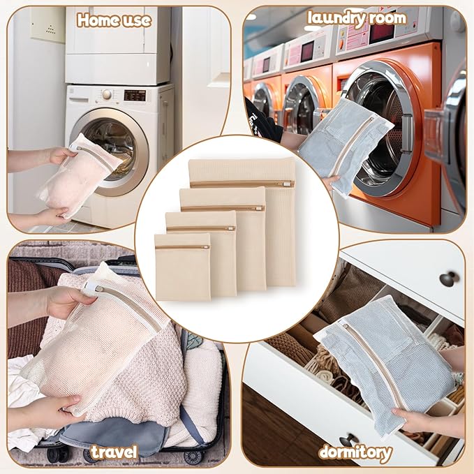 Cotton Mesh Laundry Bags, 4 PCS Delicate Laundry Bag 26"x 20", 20"x16", 16"x12", 12"x8" Garment Bag with Sturdy Zipper for Washing Machine, Lingerie, Clothes, Pants, Shoes