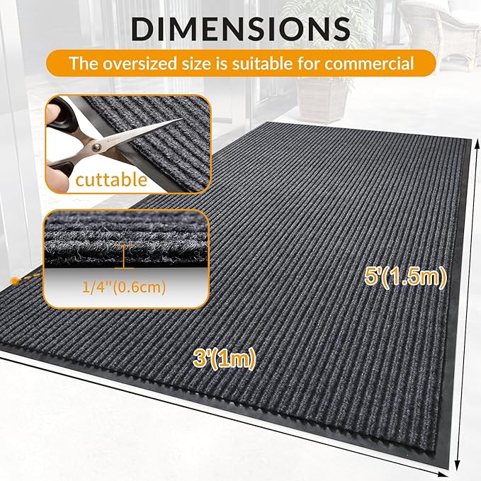 3' x 5' Moisture Guard Doormat, Commercial Grade Front Door Mat Striped Entrance Welcome Mat with Rubber Backing, Low Profile Commercial Rugs for Entryway, Easy to Clean(Charcoal Grey)