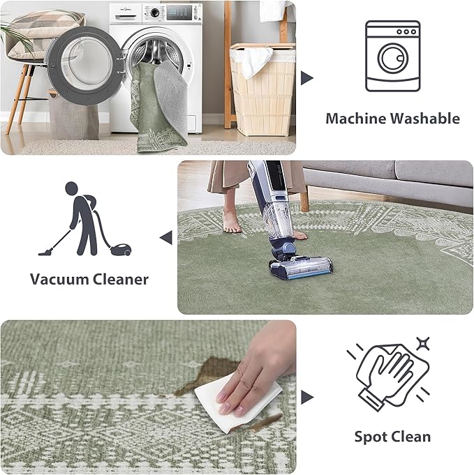 NICETOWN 4ft Round Christmas Rugs Green Boho Wahsable Rug, Thin Non-Slip Green Carpet for Dining Room, Non-Slip Faux Wool Soft Round for Living Room, Sage Green, 4ft