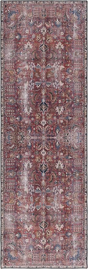 SAFAVIEH Washable Rug Tucson Collection - 2'6" x 12' Runner, Red & Beige, Slip Resistant & Easy to Clean, Ideal for Living Room, Bedroom, Dining Space (TSN174Q)