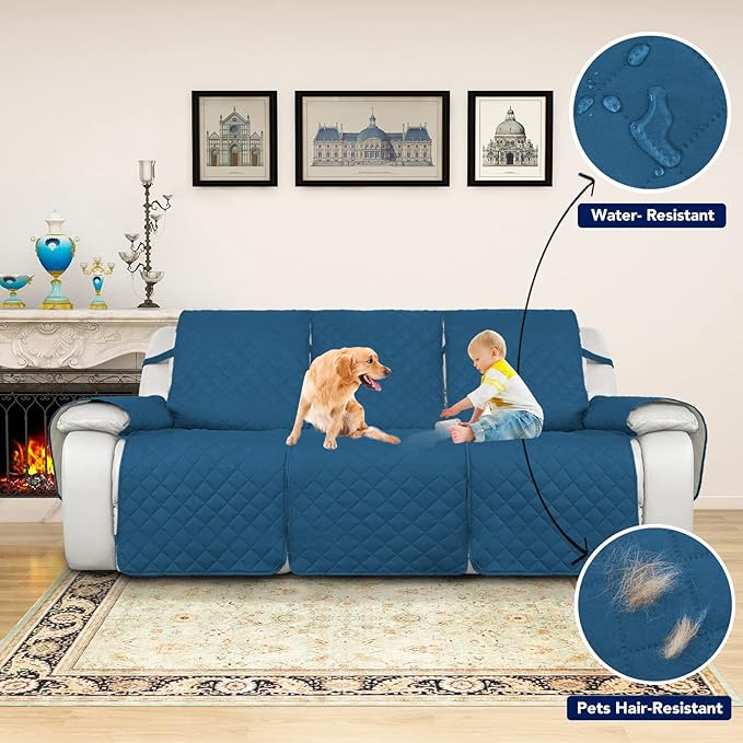 PureFit Water Resistant Reversible Sofa Covers for Reclining Sofa 3 Seat - Non Slip Split Recliner Couch Cover for 3 Cushion Couch, Washable Furniture Protector for Kids, Dogs (Peacock Blue/Beige)