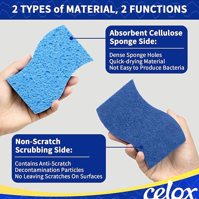 CELOX Sponges Kitchen, Sponge for Dishes, Cleans Fast Without Scratching, Blue