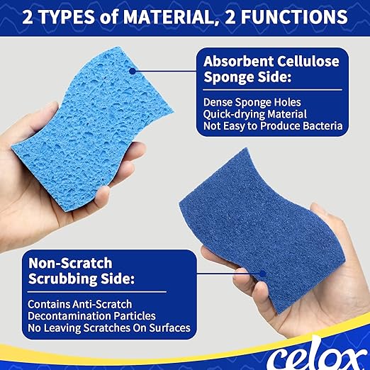CELOX 12 Pack Dish Sponge for Kitchen, Dual Sided Scrub Heavy Duty and Heavy Duty Scrub Brush with Handle, Comfort Grip Shower Scrubber for Cleaning Bathroom, Shower, Sink, Floor - Bule