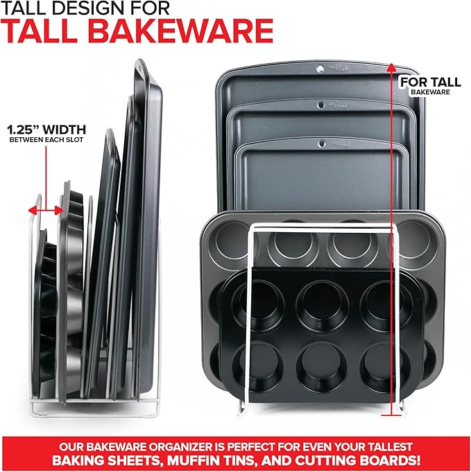Stock Your Home White (2 Pack) Extra Tall Steel Baking Pan Organizer Rack for Cabinet Storage or Kitchen Counter, Cookie Baking Sheet Organizer with Dividers, Muffin Tin and Cutting Board Holder