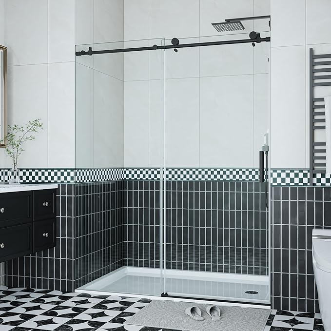 Frameless Sliding Shower Door 44–48 Inch W x 76 Inch H – Single Sliding Glass Door with Fixed Panel, 8mm Easy-Clean Tempered Glass, Stainless Steel Round Rail & 55 Rollers, Matte Black