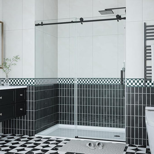Frameless Sliding Shower Door 44–48 Inch W x 76 Inch H – Single Sliding Glass Door with Fixed Panel, 8mm Easy-Clean Tempered Glass, Stainless Steel Round Rail & 55 Rollers, Matte Black