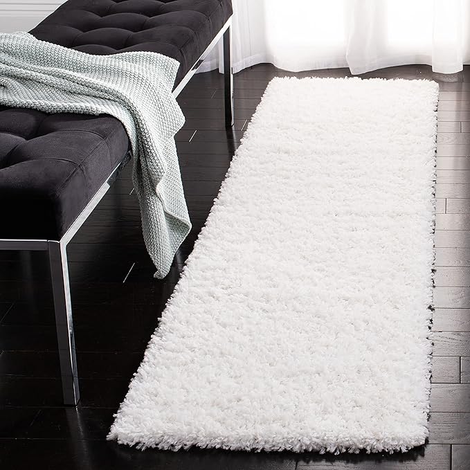 SAFAVIEH August Shag Collection Runner Rug - 2' x 7', White, Solid Design, Non-Shedding & Easy Care, 1.5-inch Thick Ideal for High Traffic Areas in Living Room, Bedroom (AUG200A)