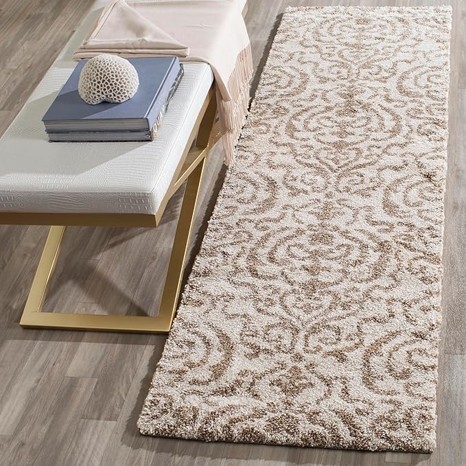 SAFAVIEH Florida Shag Collection Runner Rug - 2'3" x 7', Cream & Beige, Damask Design, Non-Shedding & Easy Care, 1.2-inch Thick Ideal for High Traffic Areas in Living Room, Bedroom (SG462-1113)