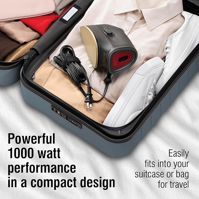 CHI Mini Steam Iron for Clothes, Sewing, Crafting and Travel with Titanium Infused Ceramic Soleplate, 1000 Watts, XL 10’ Cord, 3-Way Auto Shutoff, Portable, Vacation Essentials, Black (13120)