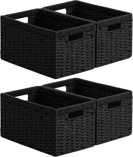 joybest Black Shelf Storage Wicker Baskets, 4-Pack Woven Paper Rope Baskets for Organizing, Foldable Rectangular Bin with Handles for Pantry, 13.4L x 8.3W x 7.1H Inch