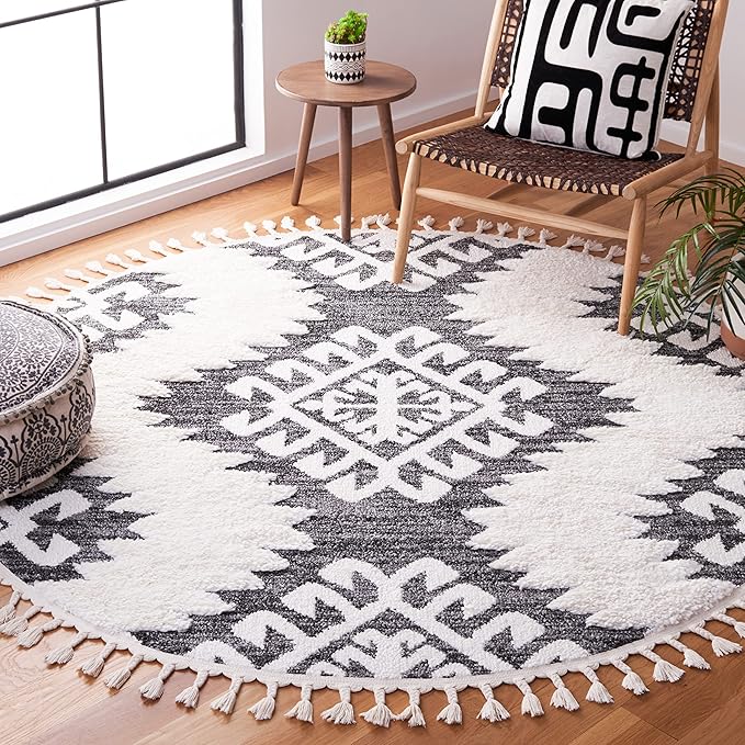 SAFAVIEH Moroccan Tassel Shag Collection Area Rug - 3' Round, Dark Grey & Ivory, Plush 2-inch Thick, Ideal for High Traffic Areas in Living Room, Bedroom, Dining Room (MTS652H-3R)