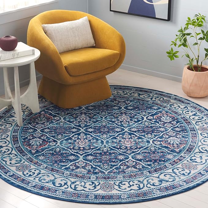 SAFAVIEH Brentwood Collection 6'7" Round Navy / Red BNT870N Oriental Damask Trellis Non-Shedding Dining Room Entryway Foyer Living Room Bedroom Area Rug