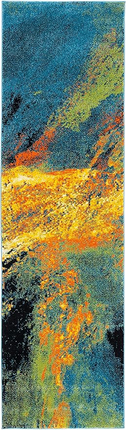 SAFAVIEH Galaxy Collection Runner Rug - 2'3" x 10', Blue & Yellow, Modern Abstract Design, Non-Shedding & Easy Care, Ideal for High Traffic Areas in Living Room, Bedroom (GAL117L)