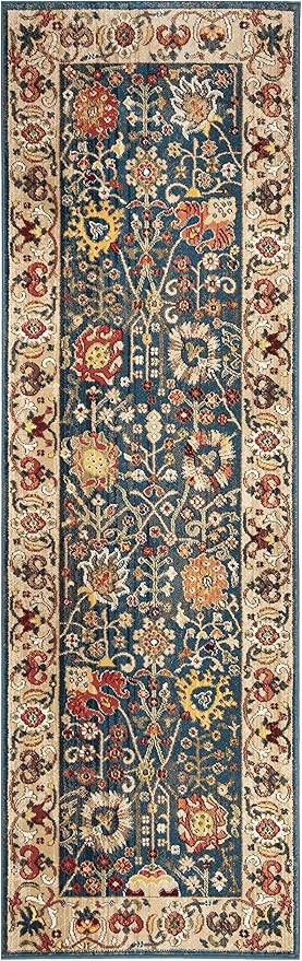SAFAVIEH Kashan Collection Runner Rug - 2'6" x 8', Blue & Tan, Traditional Oriental Design, Non-Shedding & Easy Care, Ideal for High Traffic Areas in Living Room, Bedroom (KSN303G)